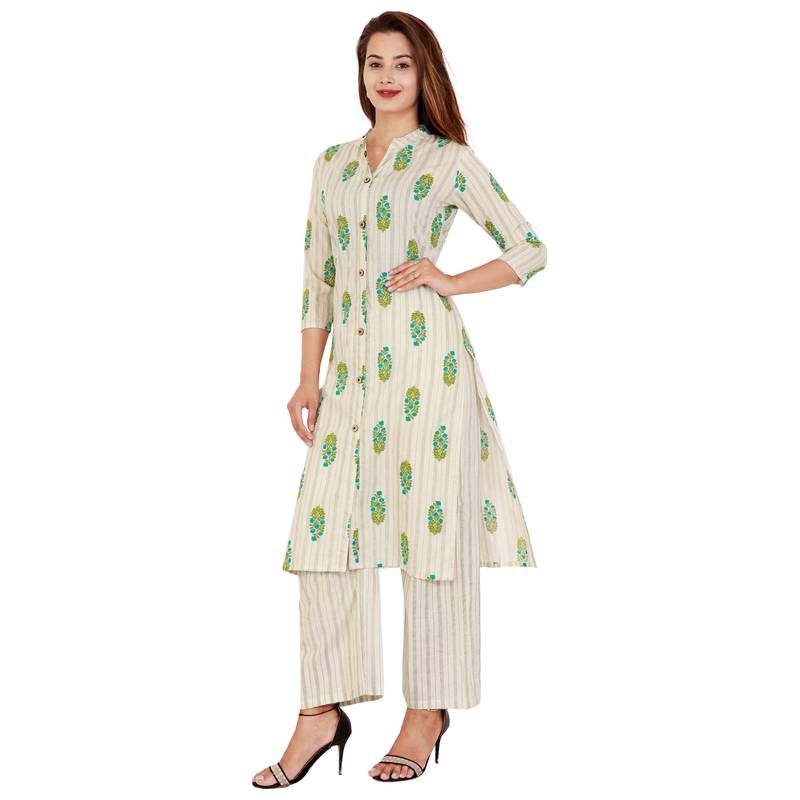 White Green Cotton Kurta Palazzo Set