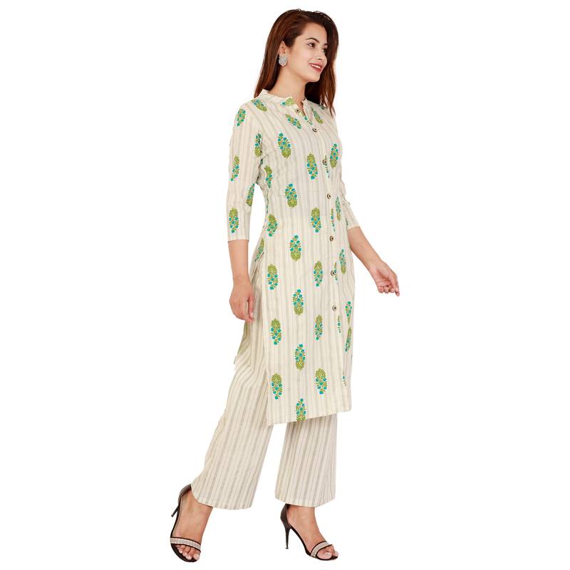 White Green Cotton Kurta Palazzo Set