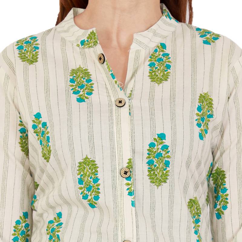 White Green Cotton Kurta Palazzo Set