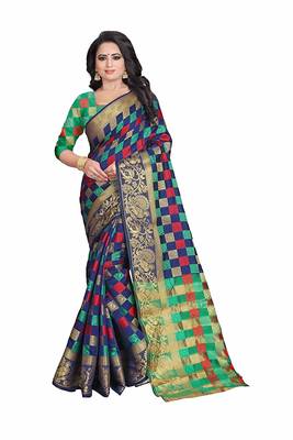 Women's Nevy Blue Banarasi Soft Silk Saree With Blouse 1