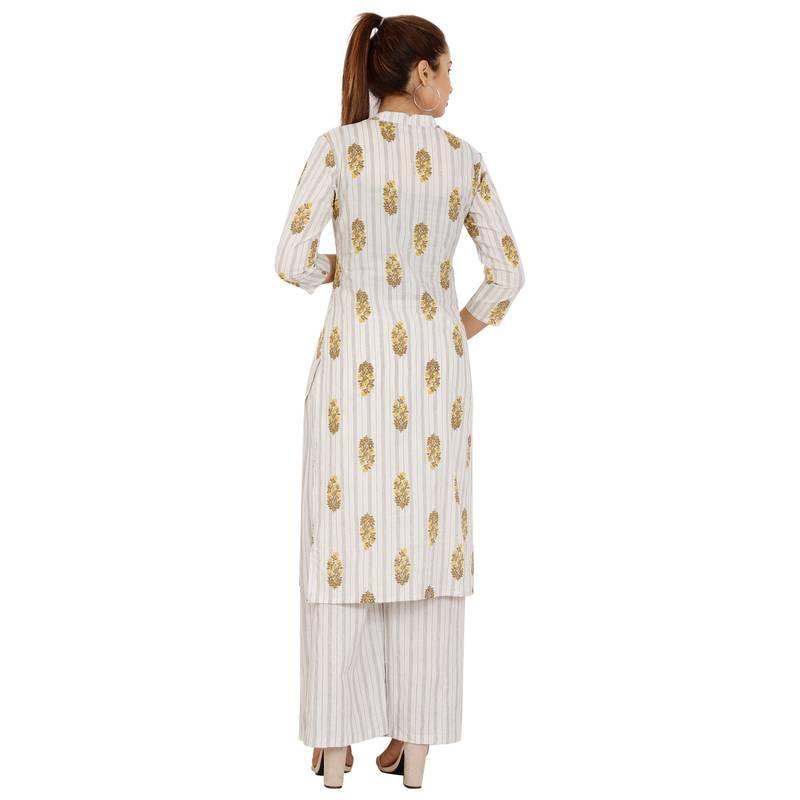 WhiteYellow Cotton Kurta Palazzo Set