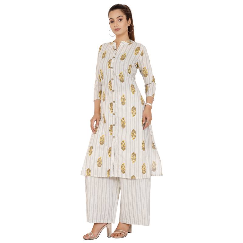 WhiteYellow Cotton Kurta Palazzo Set