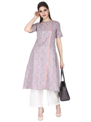 Grey printed cotton long-kurtis 1