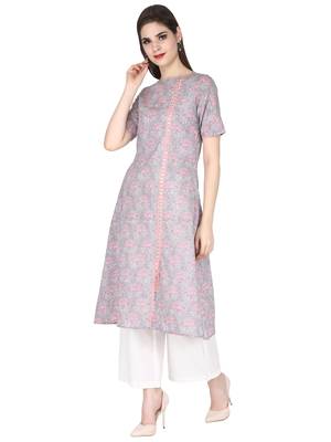 Grey printed cotton long-kurtis 2