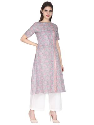 Grey printed cotton long-kurtis 3