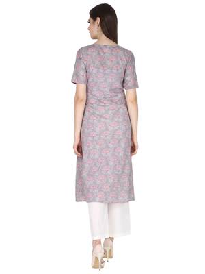 Grey printed cotton long-kurtis 4