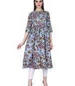 Blue printed cotton long-kurtis