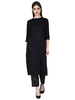 Black plain rayon long-kurtis 1