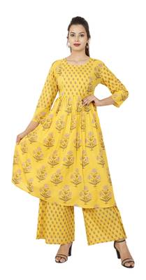 Yellow Floral Cotton Kurta Palazzo Set 1