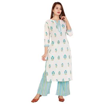 White Blue Floral Cotton Kurta Palazzo Set 1