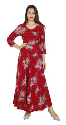 Red Floral Rayon Printed Gown 1