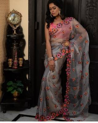 Grey embroidered satin saree with blouse 1