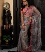 Grey embroidered satin saree with blouse