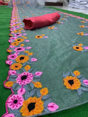 Grey embroidered satin saree with blouse 2