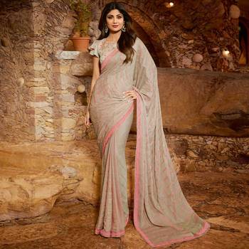 Pink embroidered Silk blend saree with blouse 2