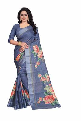 Women's Blue Rose Print cotton Saree 1