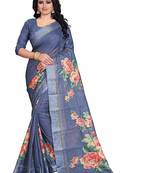 Women's Blue Rose Print cotton Saree