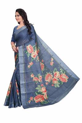 Women's Blue Rose Print cotton Saree 2