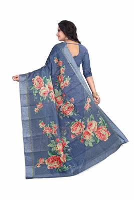 Women's Blue Rose Print cotton Saree 3