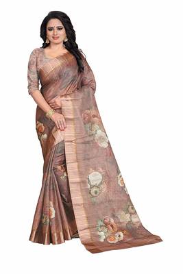 Women's Brown Rose Print Silk Saree 1