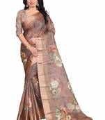 Women's Brown Rose Print Silk Saree