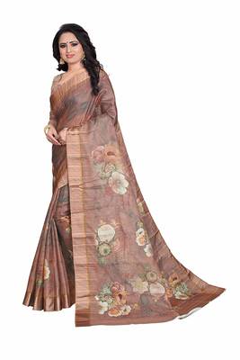 Women's Brown Rose Print Silk Saree 2