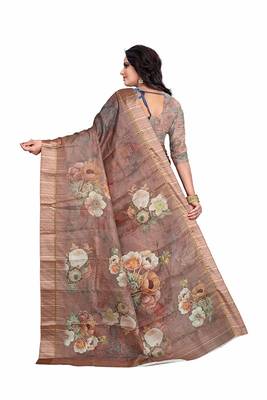 Women's Brown Rose Print Silk Saree 3