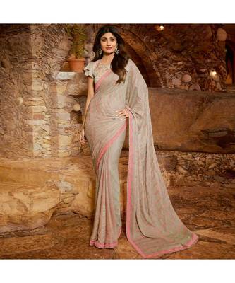 Pink embroidered Silk blend saree with blouse 1