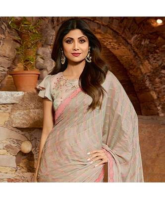 Pink embroidered Silk blend saree with blouse 2