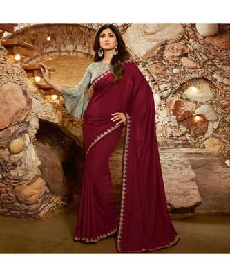 Maroon embroidered Silk blend saree with blouse 1