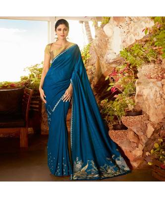 Blue embroidered Silk blend saree with blouse 1