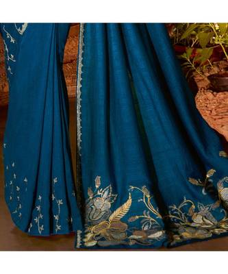 Blue embroidered Silk blend saree with blouse 3