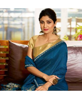 Blue embroidered Silk blend saree with blouse 4