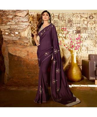 brown embroidered Silk blend saree with blouse 1