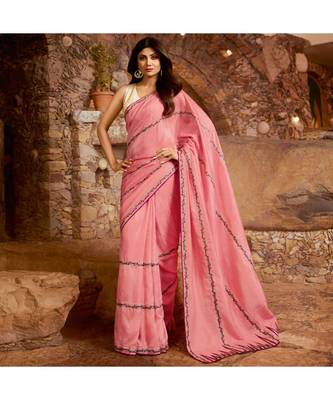 Pink embroidered Silk blend saree with blouse 1