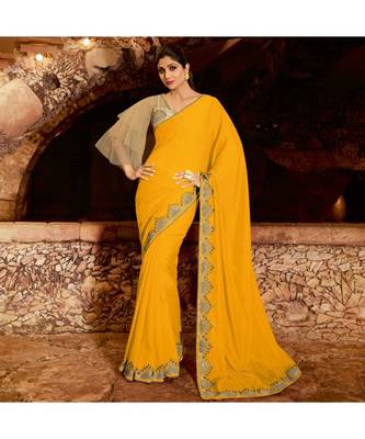 Yellow embroidered Silk blend saree with blouse 1