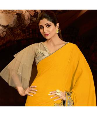 Yellow embroidered Silk blend saree with blouse 2