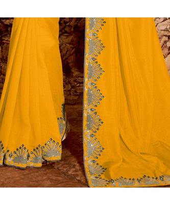 Yellow embroidered Silk blend saree with blouse 3