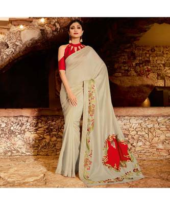 Cream embroidered Silk blend saree with blouse 1