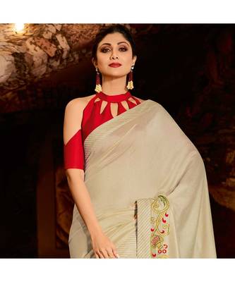 Cream embroidered Silk blend saree with blouse 2