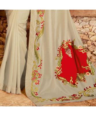 Cream embroidered Silk blend saree with blouse 3