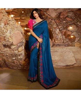 Blue embroidered Silk blend saree with blouse 1