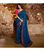 Blue embroidered Silk blend saree with blouse