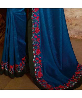 Blue embroidered Silk blend saree with blouse 3
