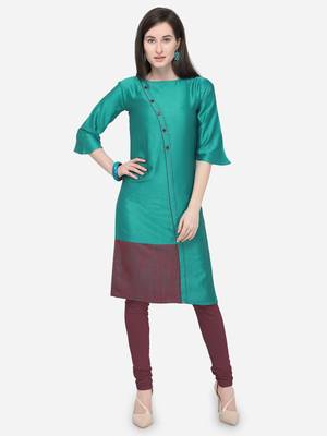 Teal green Plain Rayon Straight Kurti 1