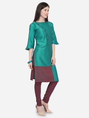 Teal green Plain Rayon Straight Kurti 3