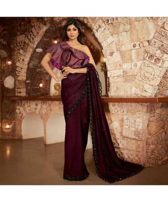brown embroidered Silk blend saree with blouse 1