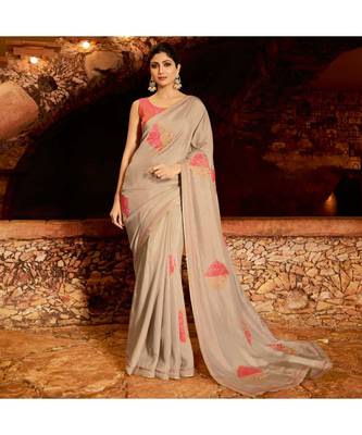 Beige embroidered Silk blend saree with blouse 1