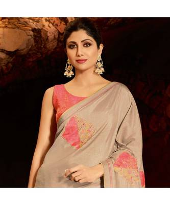Beige embroidered Silk blend saree with blouse 2