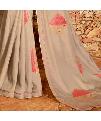 Beige embroidered Silk blend saree with blouse 3